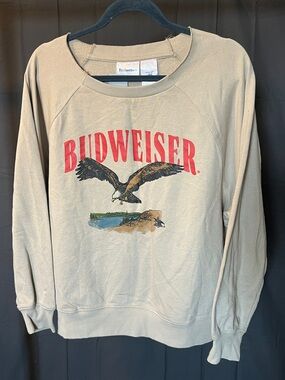 Budweiser Tan Sweatshirt with Red Logo and Eagle Graphic, Size L